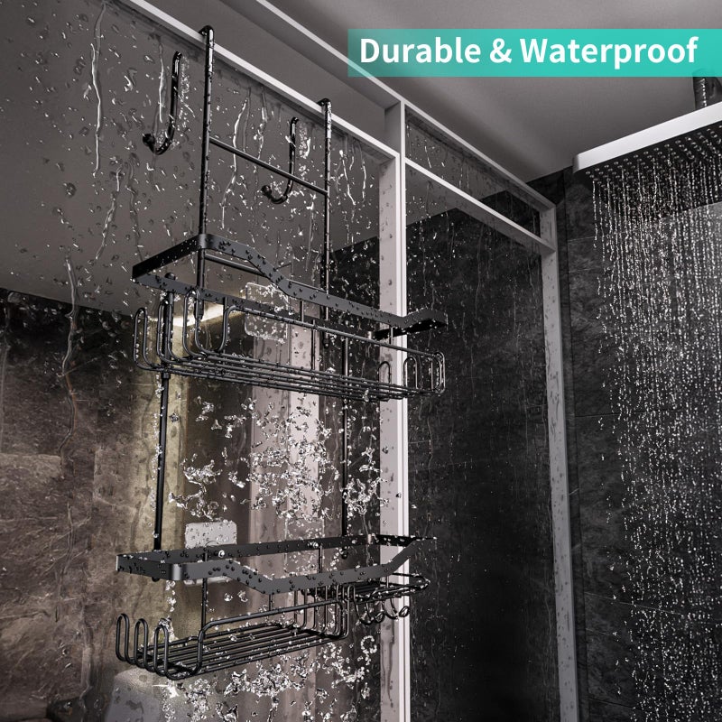 HapiRm Hanging Shower Caddy Over the Door with Soap Holder, No Drilling Adhesive Shower Organizer with 11 Hooks, Rustproof & Waterproof 304 Stainless Steel Bathroom Shelves - Black - Image 2